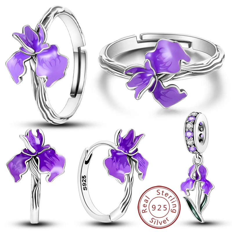 

Original 925 Sterling Silver Purple Iris Flower Rings Earrings Pendant Jewelry Set for Women Engagement Wedding Jewelry Gifts