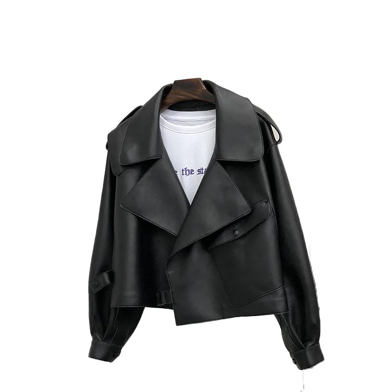 FMFSSOM-Chaqueta corta de piel sintética para mujer, abrigo a prueba de viento con un solo botón, abrigo cálido con cuello vuelto, color negro, para primavera, 2024