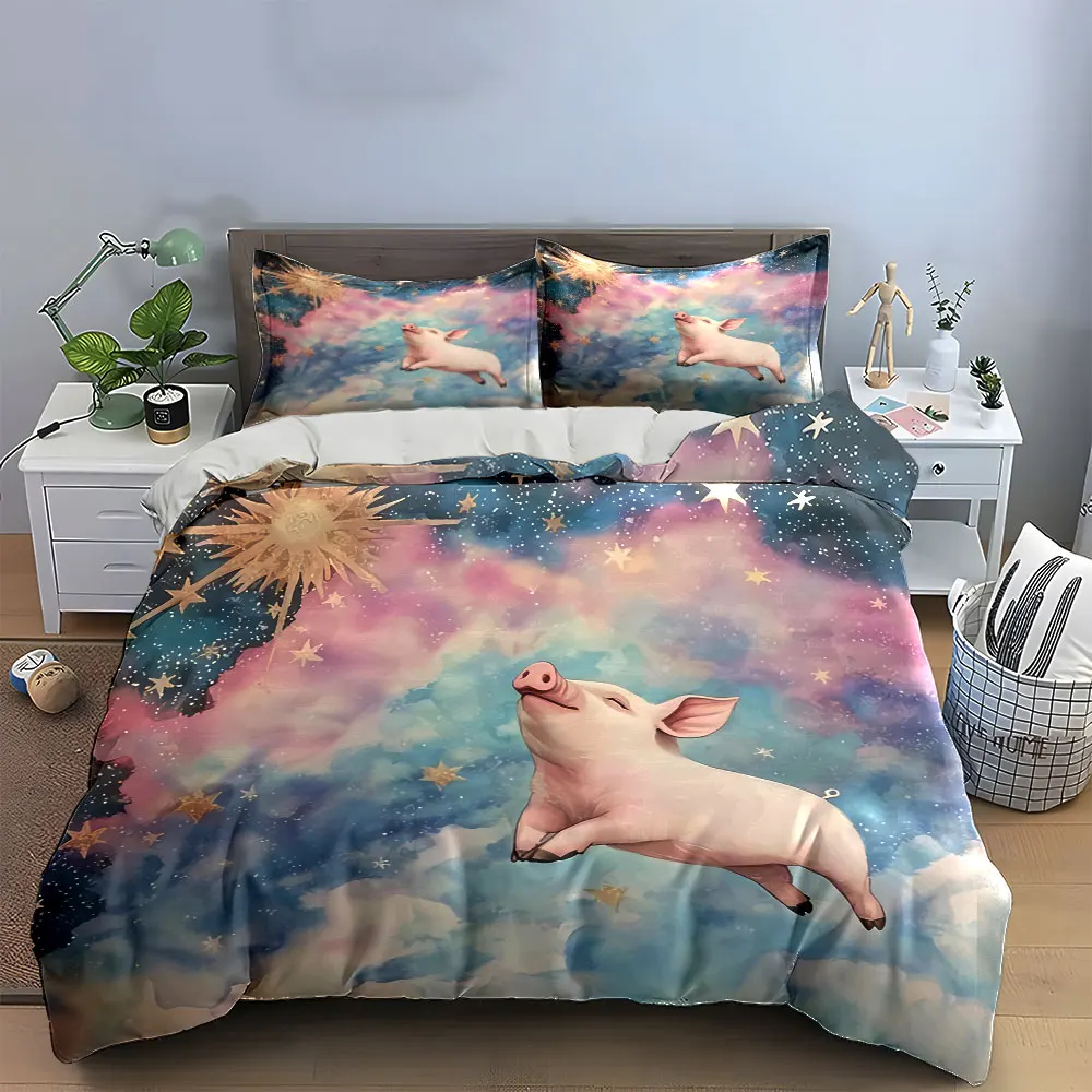 Dreamy Pig Galaxy Decoration Bedding Set with 1 Duvet Cover 2 Pillowcases Single Double King Queen, Gift