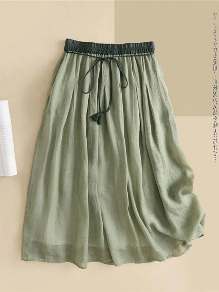 ارتفاع الخصر طبقات مزدوجة الكتان ألف خط تنورة المرأة ماكسي ميدي تنورة جرس بوت القطن الكتان f الجسم التنانير #2