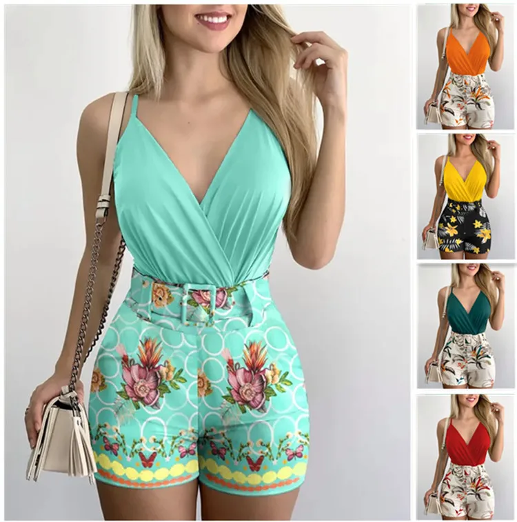 2025 Summer Sexy Fashion Women Two-piece Printed Beach Suspender Monos Mujer Elegante With Belt Streetwear Femme Shorts Suit