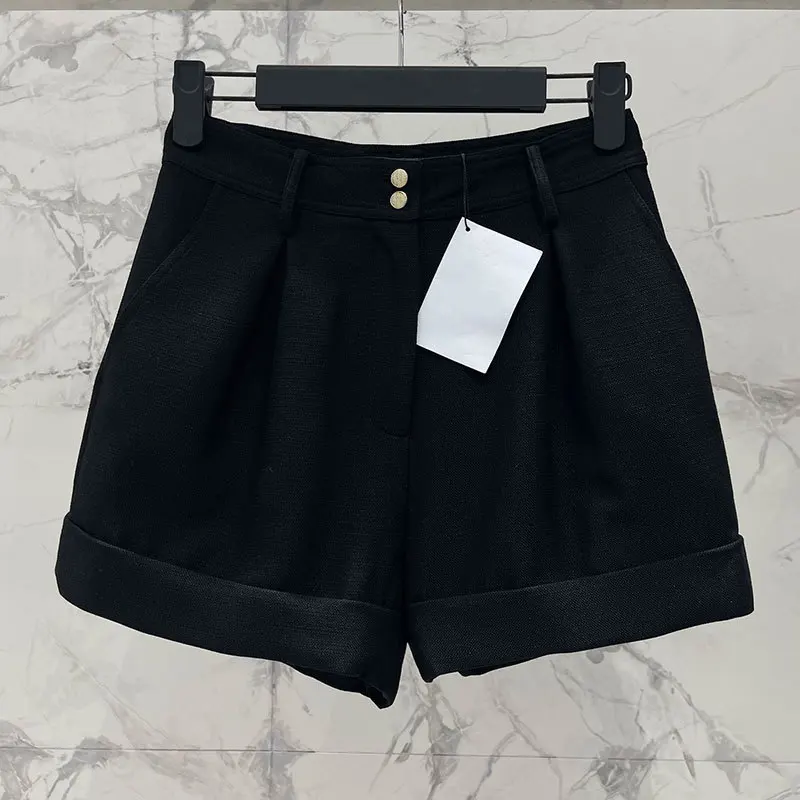 

Fashion Black Flipped Straight Leg Shorts 2024 Summer New High Waist Lion Buttons Mini Shorts Top Quality Y2K Clothing Runway