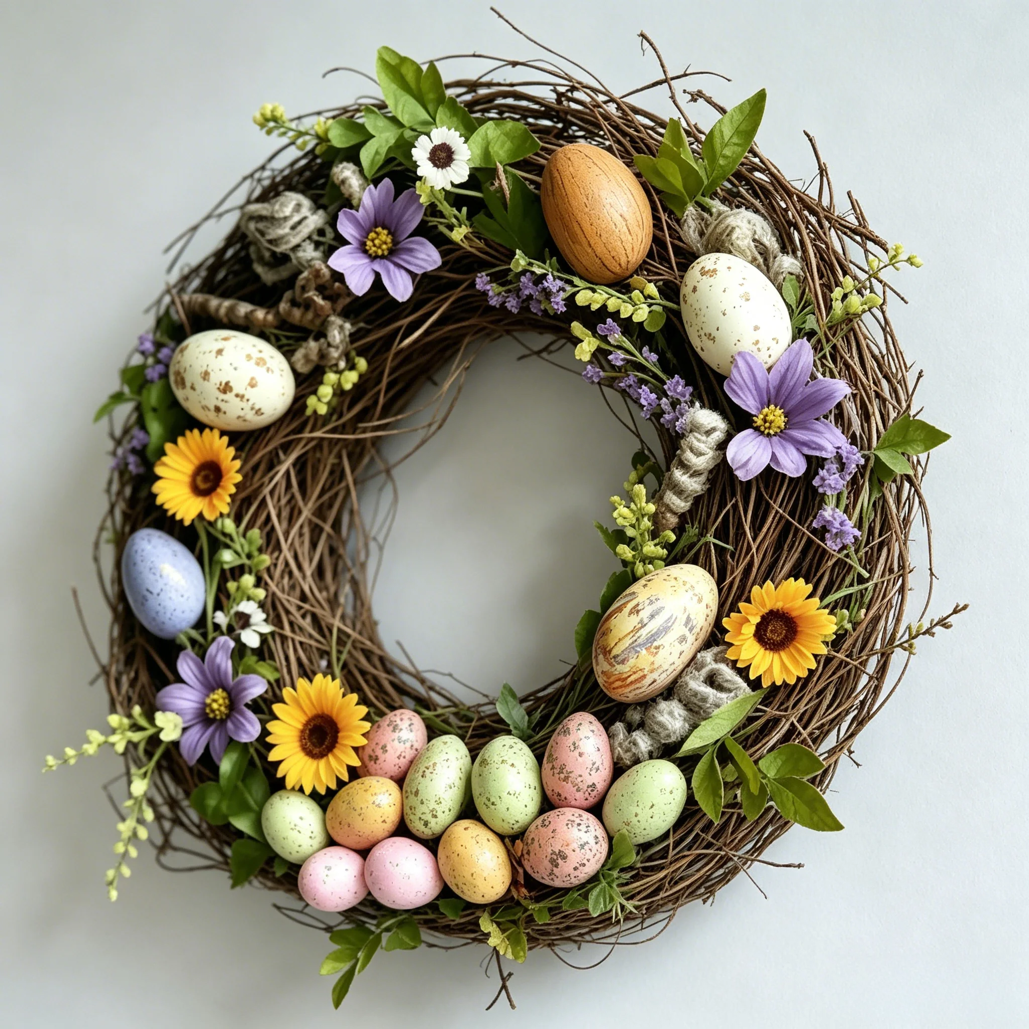 Sunflower Accent Easter Egg Twig Wreath Handcrafted Spring Cottage Inn Veranda Front Facade Wall Hanging Decoration