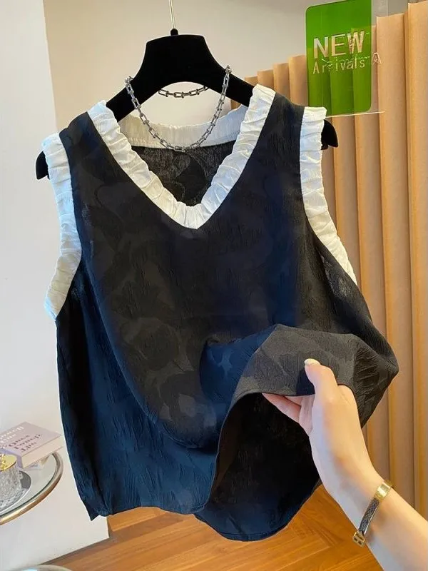 Slim Fit Large Size Loose Cover up Vest Shoulder to Waist Sleeveless Women's Fashionable V-Neck Splice Thin Head over Footwear