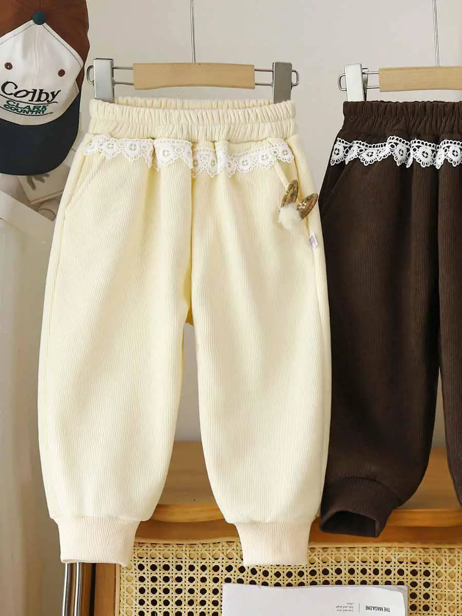 

Thiened Fce осенне-зимние вельветовые брюки для девочек, детские теплые модные длинные брюки, прямые свободные брюки с талией