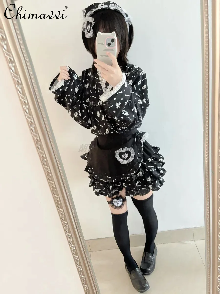 Original Japanese Maid Cosplay Suit Autumn New Improved Kimono Bathrobe Apron Pettiskirt 3 Piece Set Lolita Women Girls Outfits