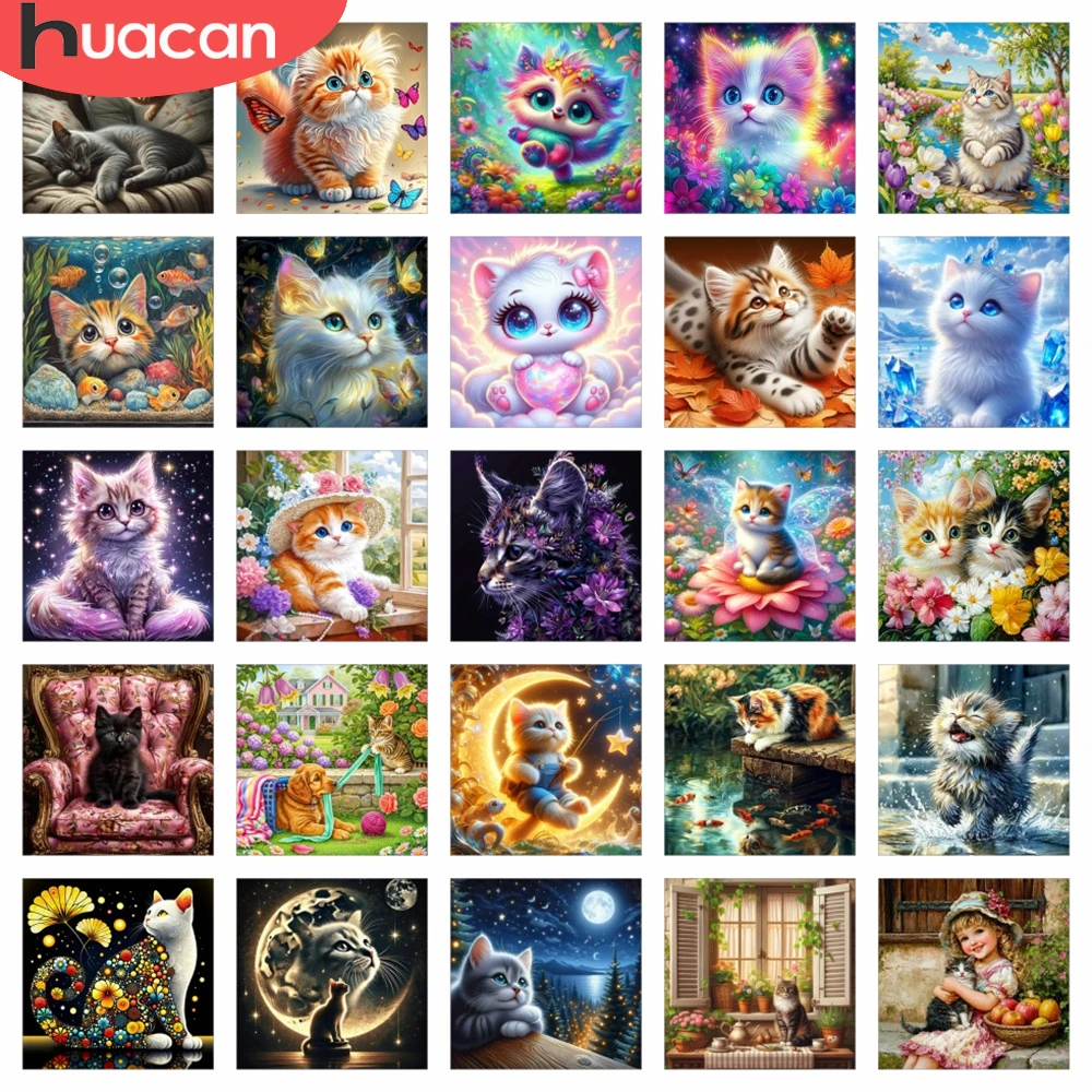 HUACAN 5D Diamantmalerei Katze Tier Mosaik Heimdekoration Einzigartiges Geschenk Kunst-Sets Quadratische Runde Perlen Handgefertigt DIY