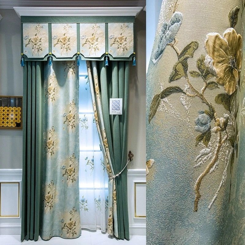 

Custom European luxury classical shading relief velvet bedroom living room cloth blackout curtain tulle valance drape M1732
