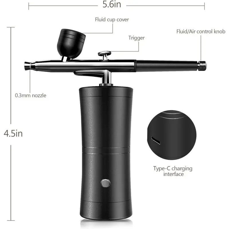 HOTA43T Air Brush Painting Set 0.3Mm Non-Clogging Nozzle, Rechargeable Airbrush For Nails W/32 Psi Compressor For Makeup