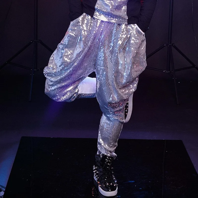 

Мужские шаровары для рок-танца в стиле хип-хоп, серебряные блестки, блестящие брюки для сцены, ночной клуб, бар, певица, танцовщица, сценический костюм