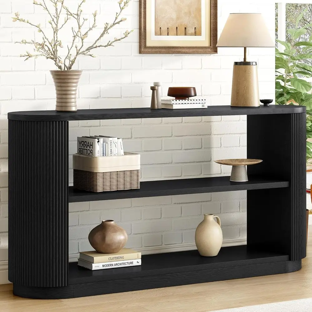 

59 Curved Oval Entry Sofa Table with Open Shelves for Living Room, Hallway, Black