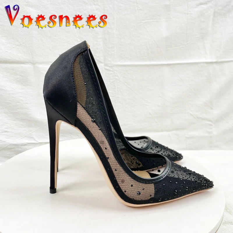 Summer Rhinestone Inlaid Cool High Heels High-quality Breathable Mesh Fashion Single Shoes 12CM Sexy Pointed Tip Women's Pumps