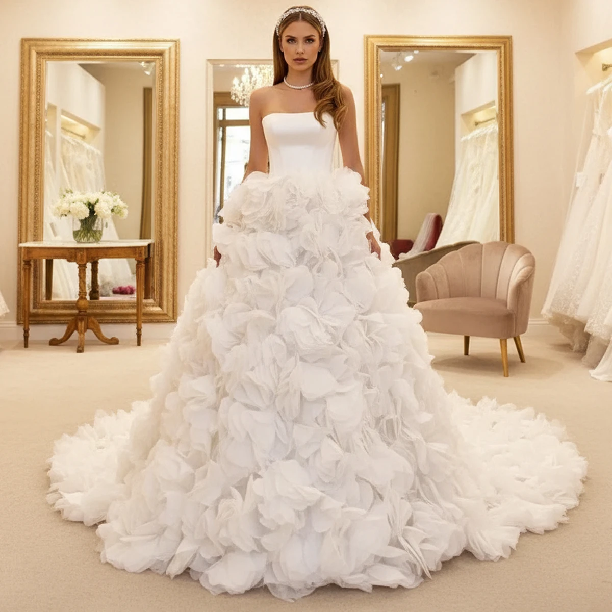 

Romantic Flower Layered Wedding Dress With Train Off Shoulder Strapless Ball Gown For Bride Long A Line Bridal Gown For Women