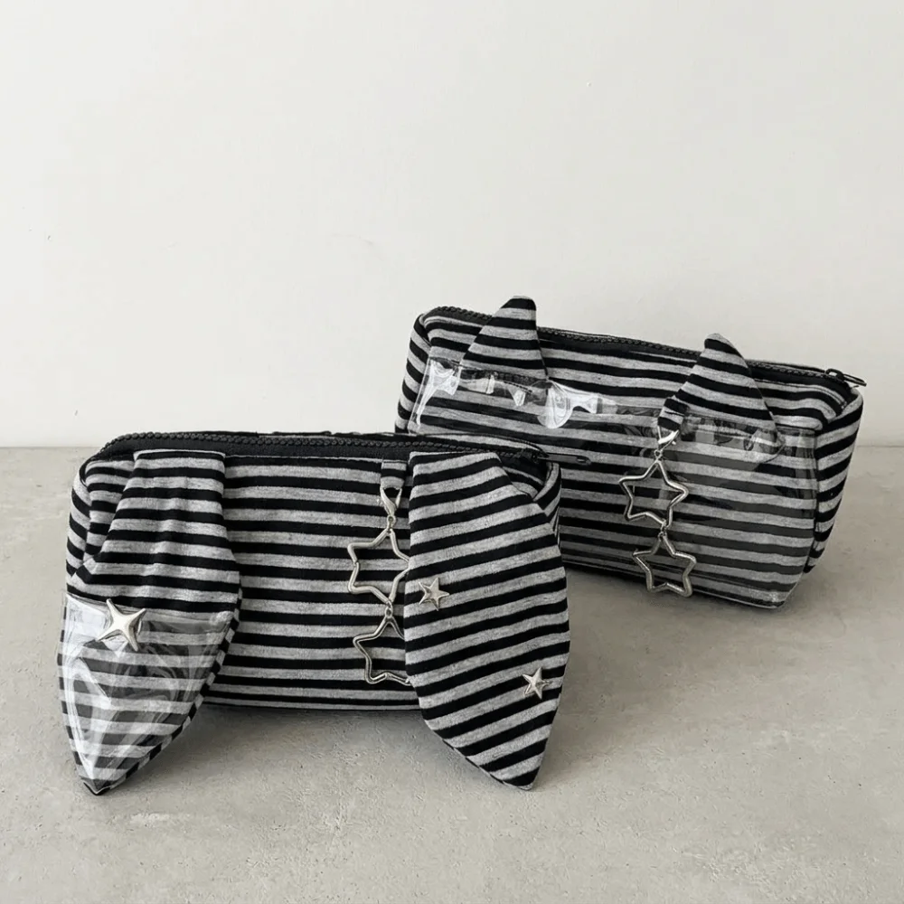 Multi-functional Striped Pencil Case Clear PVC Rabbit Ear Stationery Organizer Black and Gray Large Capacity Pencil Pouch Girl