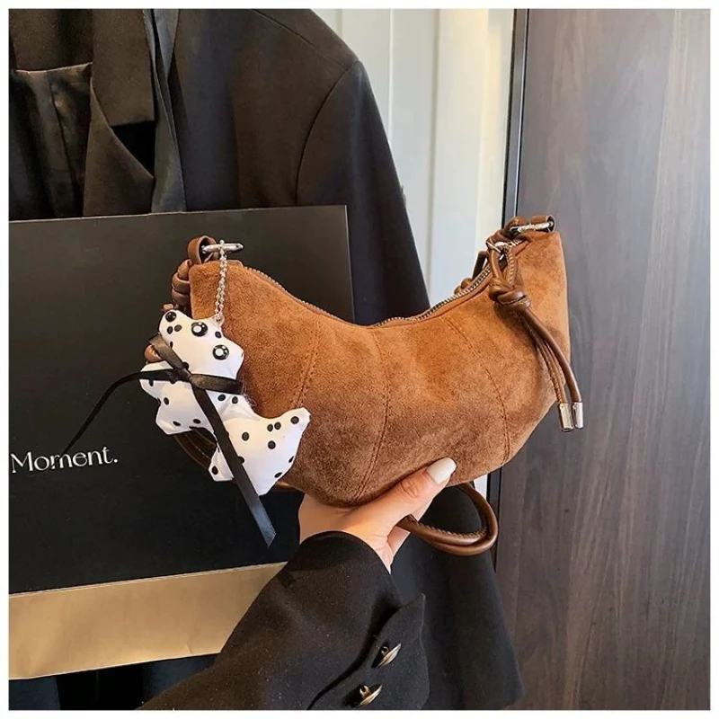 Red Green Yellow Brown Vintage Suede Crescent Croissant Autumn and Winter for Women Braided Knot Shoulder Bag Crossbody Purse