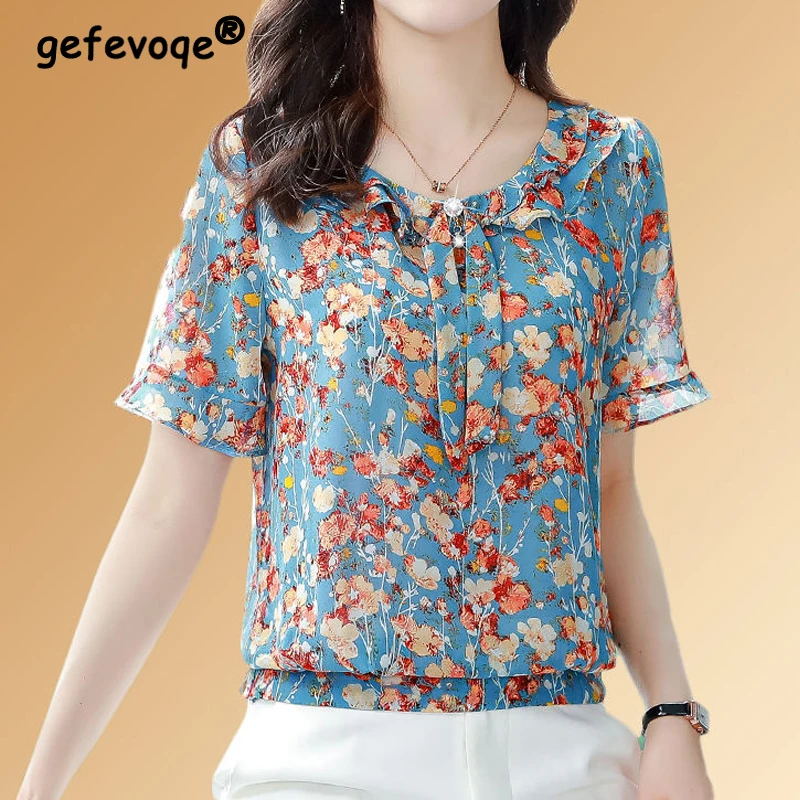 Short Sleeve Round Neck Chiffon Blouse Women Floral Print 2022 Female Casual Chic Shirts Summer Korean Ladies Loose Pullover Top