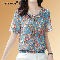 Short Sleeve Round Neck Chiffon Blouse Women Floral Print 2022 Female Casual Chic Shirts Summer Korean Ladies Loose Pullover Top