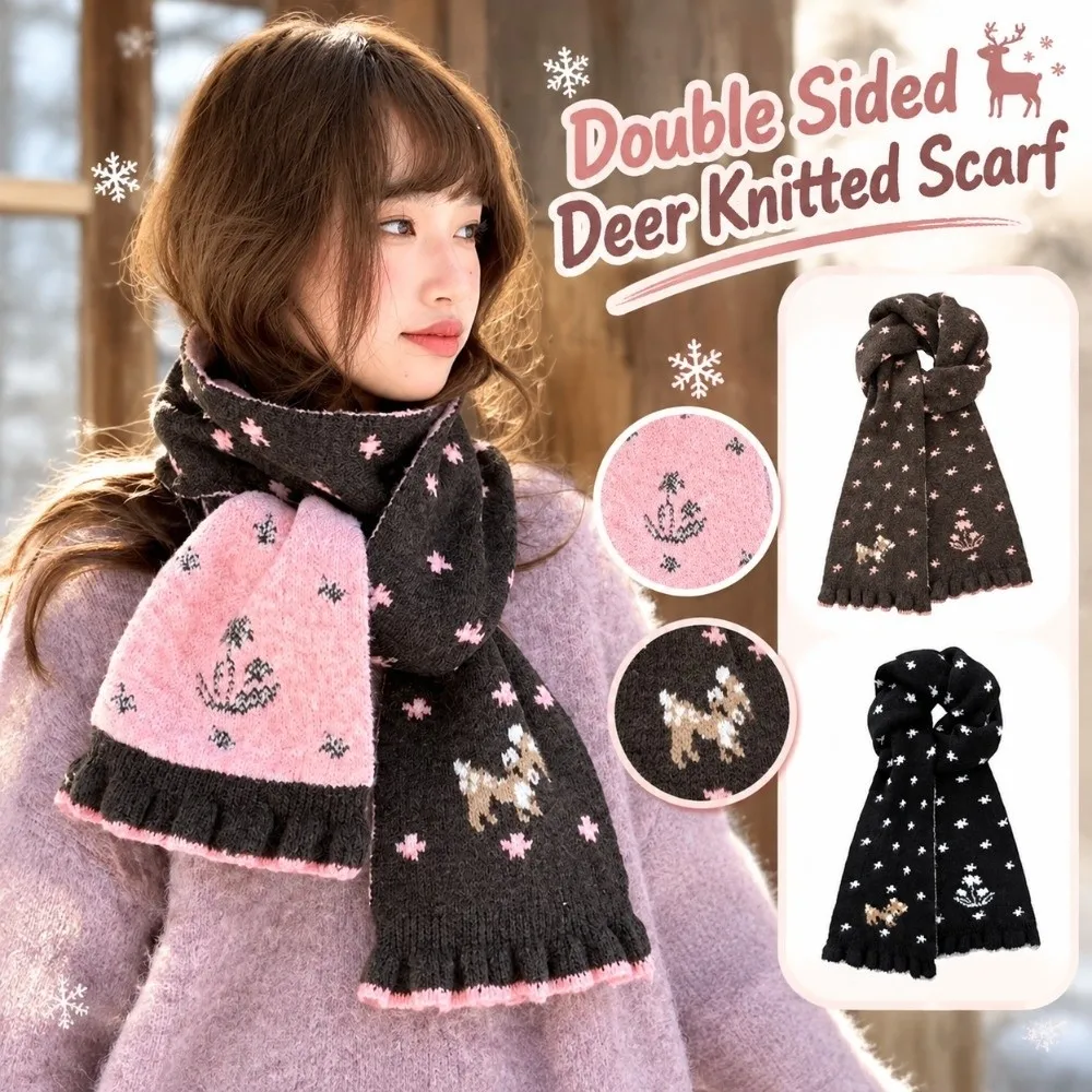 Double Sided Deer Knitted Scarf Throat Guard Thickened Yarn Reversible Warm Neckerchief Chic Shawls Skin-friendly Texture