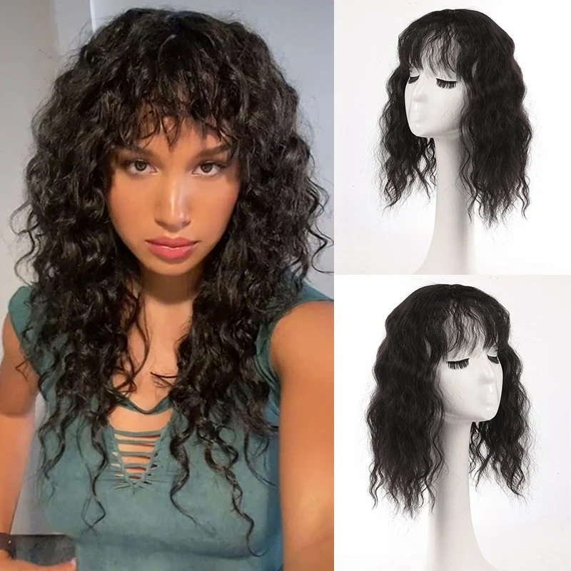 14 Inch Fluffy Curly Clip in Topper Hairpiece with Bangs Water Wave Hair Wig for Women Synthetic Deep Wavy Hairpieces Extensions