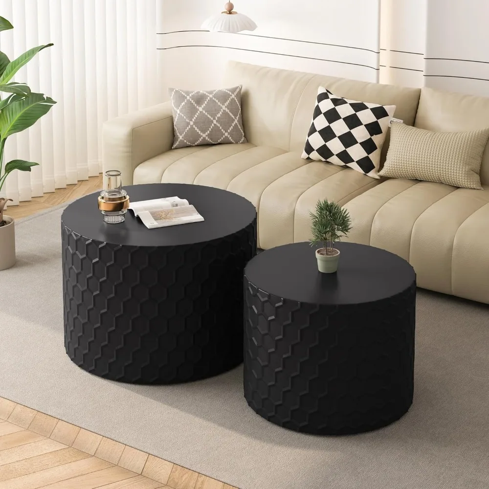 Black Round Nesting Coffee Table Set of 2, Modern Circle Drum Coffee Table Side Table End Table for Living Room, Wood Circle Co