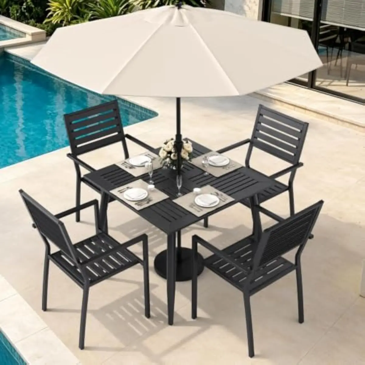 5-Piece Modern Rectangular Outdoor Dining Set Featuring HDPE Tabletops and Ergonomic Stackable Chairs with Powder-Coated Iron Fr