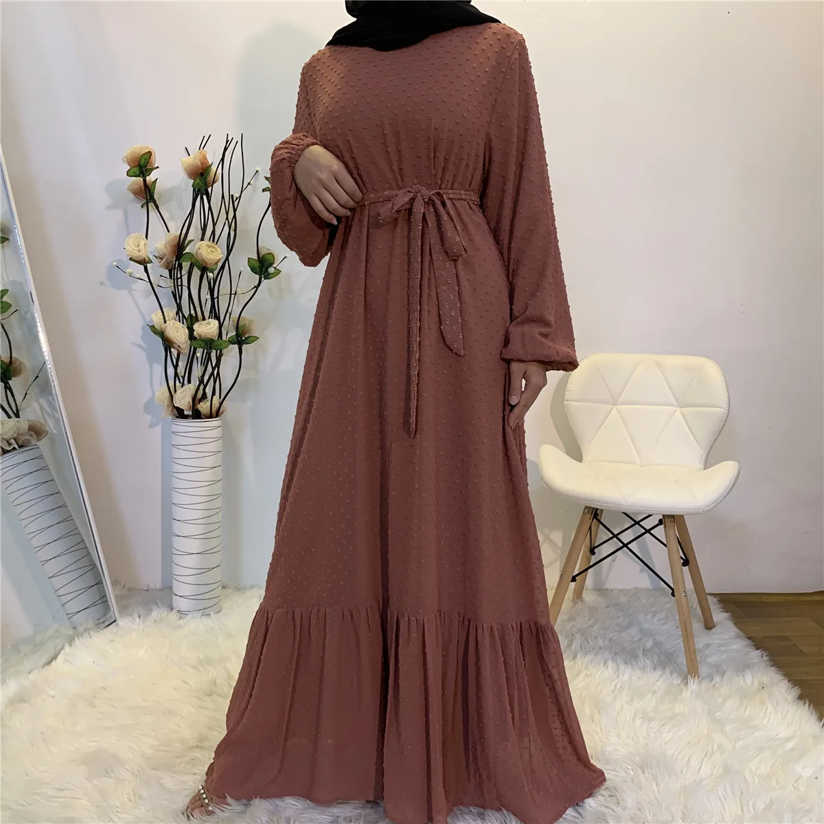 

Abaya Dubai Muslim Women's Fashion Cardigan Dress Arab Net Color Studded Moo Chiffon Elegant Temperament Cardigan Robe