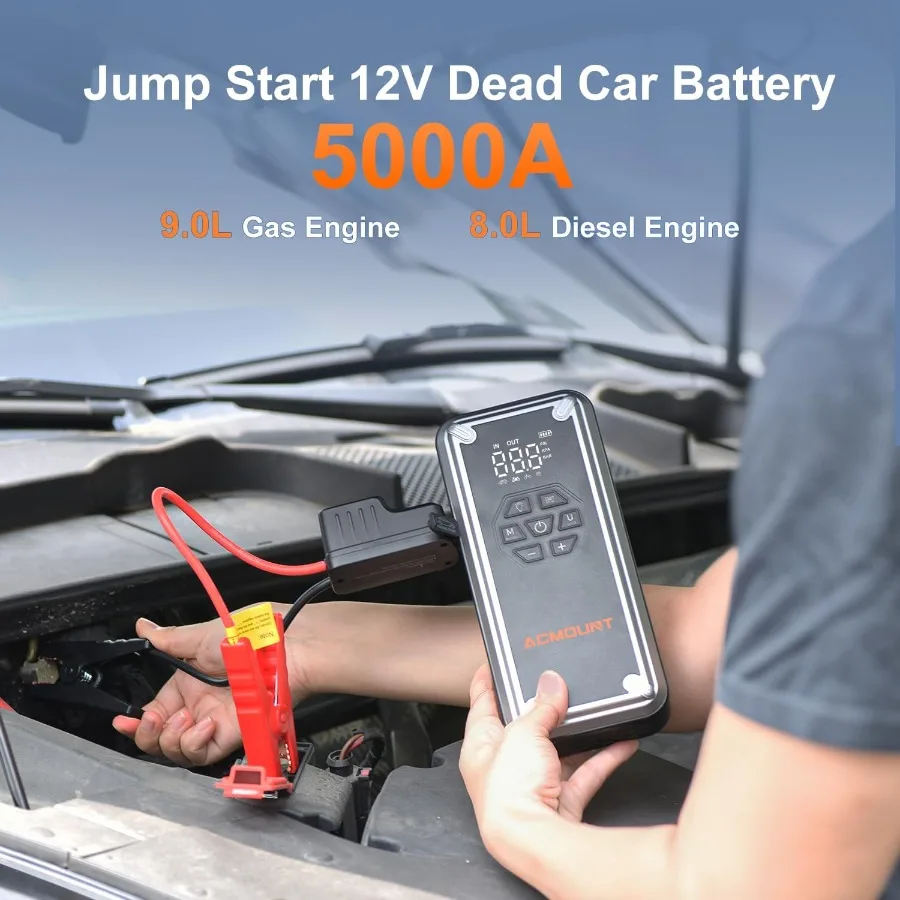 W160 Jump Starter with Air Compressor 5000A Portable Car Jump Starter 150PSI Tire Inflator/Air Pump for 12V Battery Up