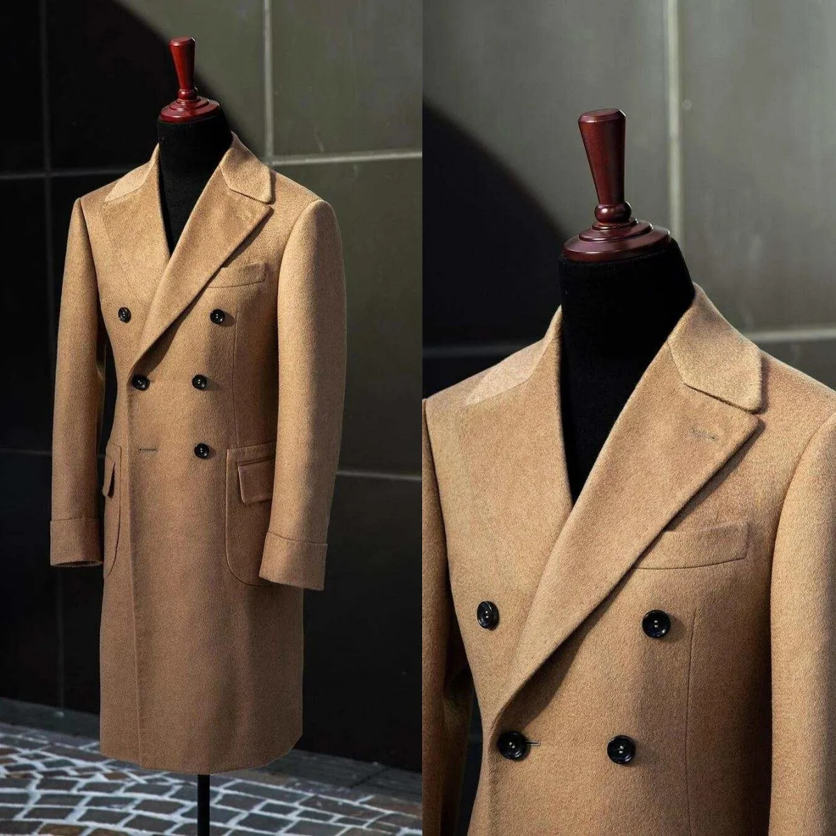 Customized Khaki Woolen Overcoat Mens Thick Double Breasted Long Coat Casual Winter Warm Wear Jacket