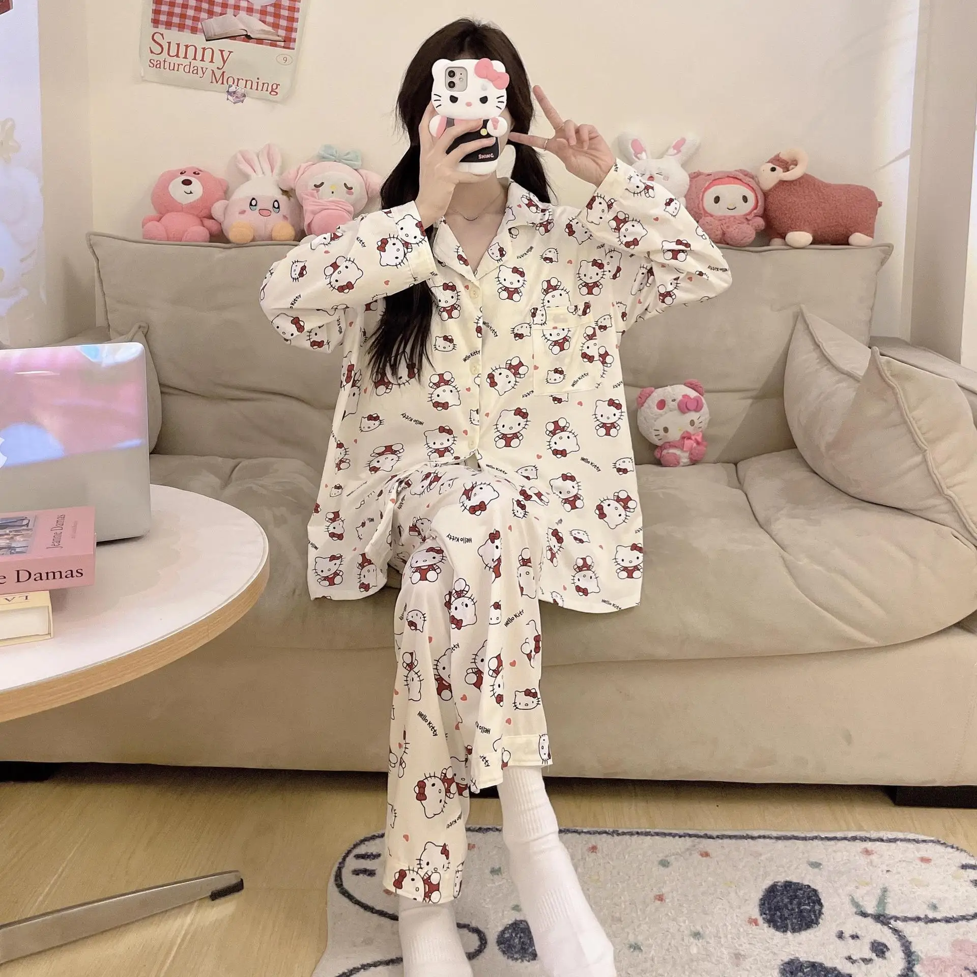 

Kawaii Sanrio Hello Kitty with Chest Pads Cotton Ladies Pajamas Cute Loose Loungewear Cartoon Long-sleeved Pants Suit Girl Gift