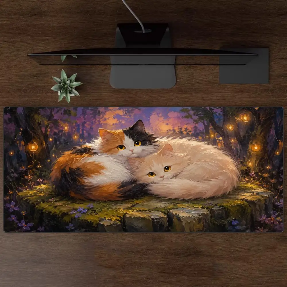 Vintage Oil Painting Fluffy Cats Mystic Forest Lantern Night Landscape Big Anti-Slip Extended Gaming Mouse Pad Desk Keyboard Mat