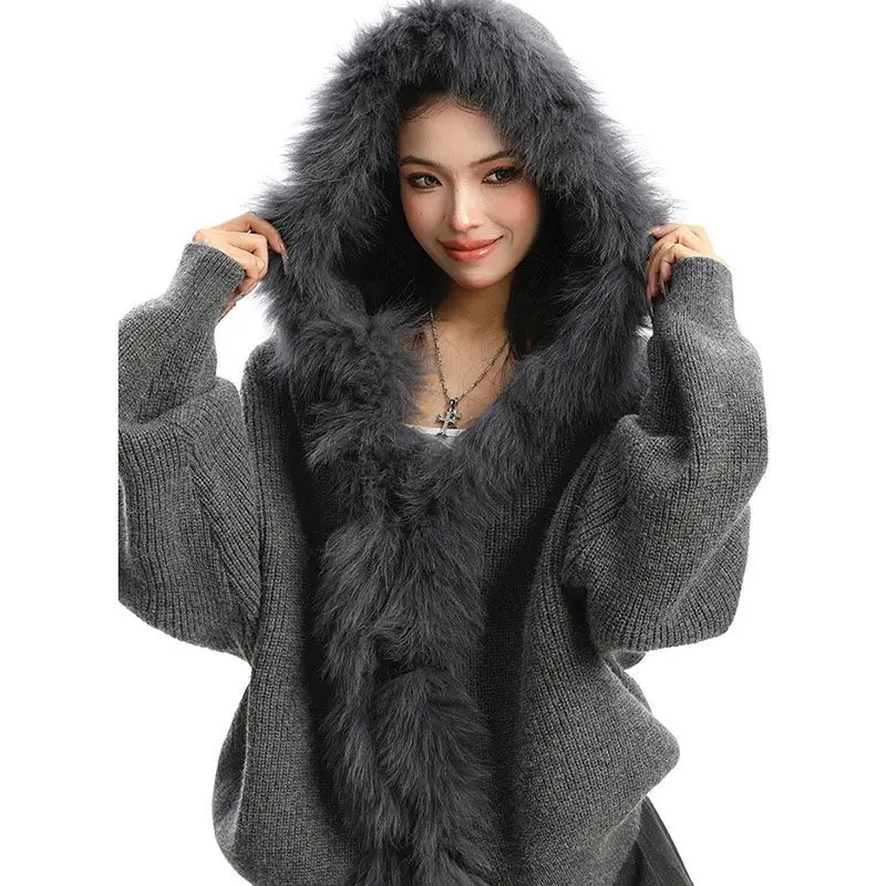 Lazy Temperament Loose and Slim Knitted Jacket Large Fur Collar Patchwork Hooded Sweater Women's Autumn and Winter