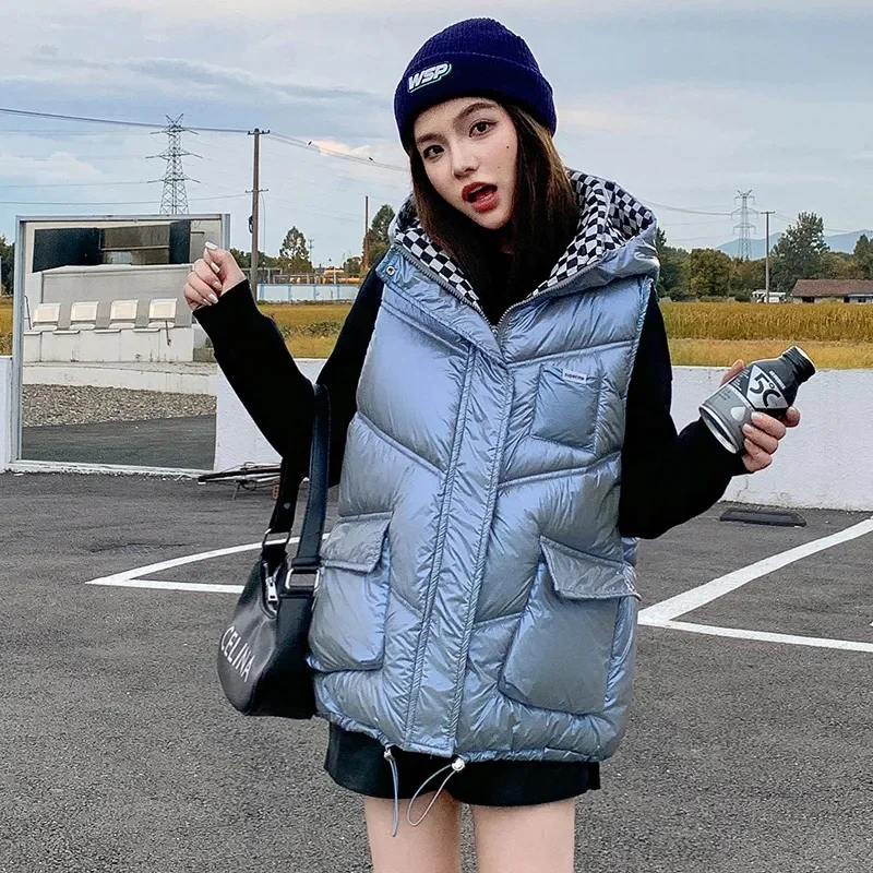 2023 New Puffer Vest Women Sleeveless Winter Warm Puffer Lightweight Hooded Cotton With Pocket  Waistcoat Jacket Outerwear