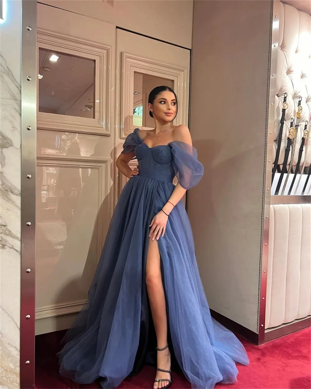 Cathy Blue Tulle Wedding Dress Off the Shoulder Sleeveless فساتين سهرة Floor-length Side High Split vestidos de fiesta 2024