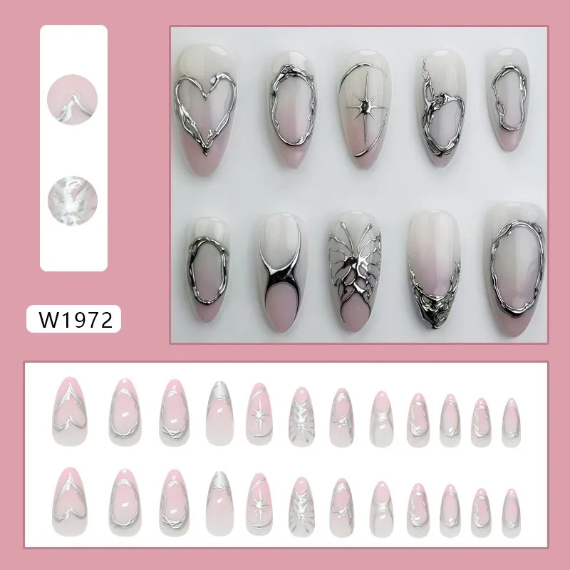 24pcs Holiday Press on Nails Set with Sticky Tabs 3D Silver Decorations False Nails Nail Tips Prosthetic Nail Set Paste Nails