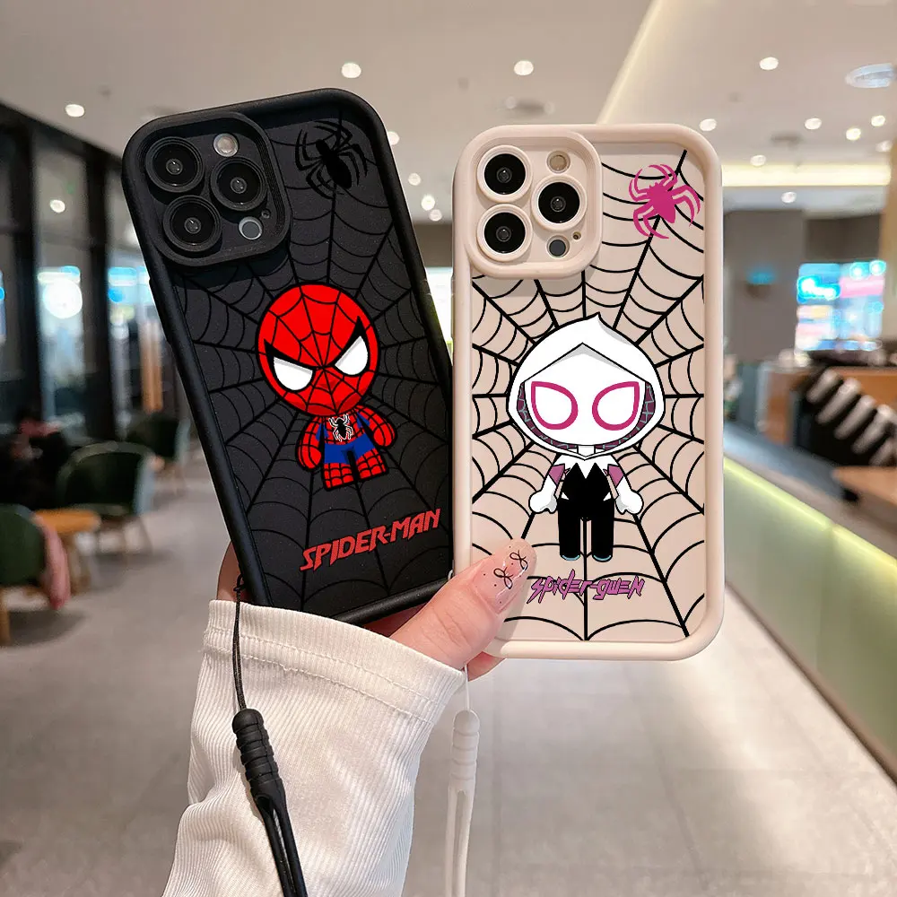 Spiderman Gwen Hot Cartoon Marvel Phone Case for IPhone 15 14 13 12 11 Pro Max Mini XR XS 7 8 Plus Soft TPU Back With Hand Strap