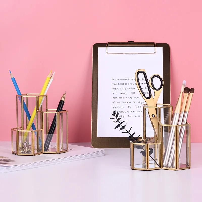 Nordic Creative Glass Combinação Pen Holder, Ouro Multi-Funcional Desktop Papelaria Decoração, Acessórios de armazenamento