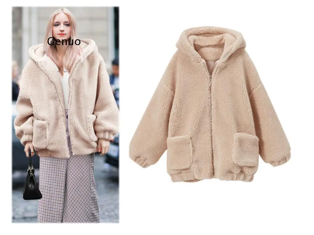 

Elegant Faux Fur Loose Coat Women 2022 Autumn Winter Thick Warm Soft Fleece Female Pocket Zipper Overcoat