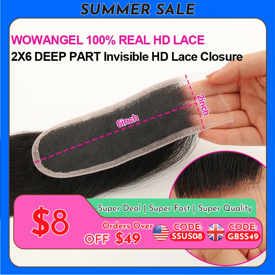 WOWANGEL 2x6 Deep Parting HD Lace Closure Frontal Only Melt Skin Straight Hair Kim K Closure Pre Plucked Virgin Hair For Woman
