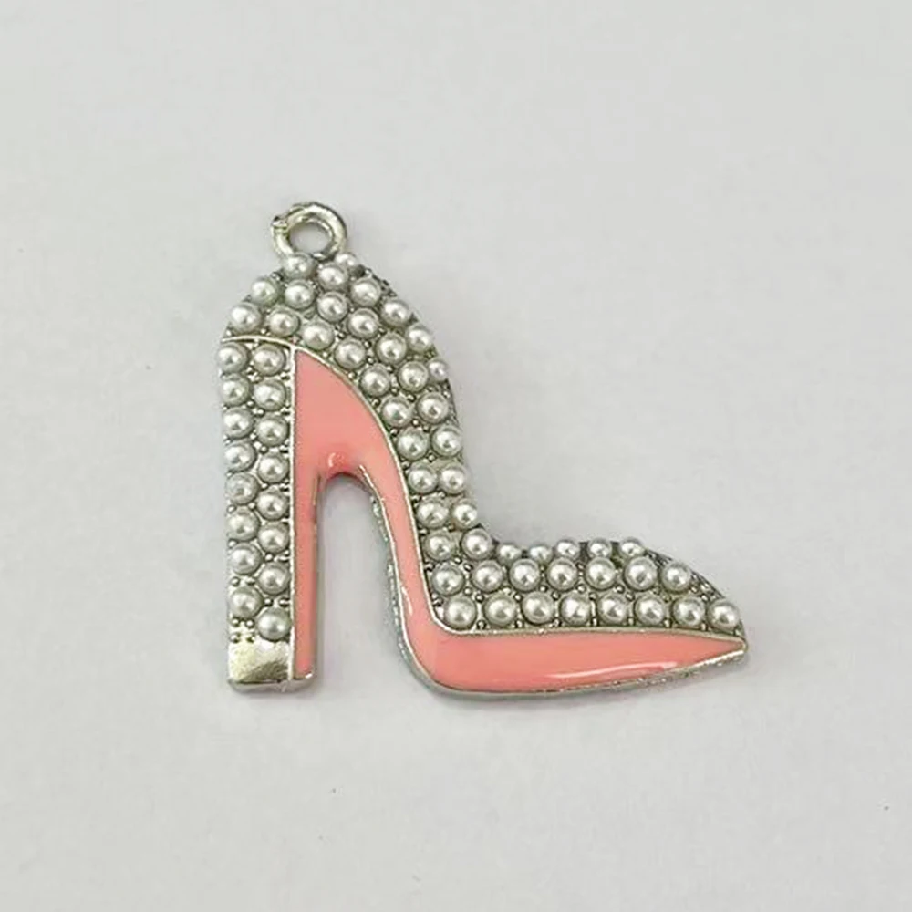 10Pcs Pink and Green Rhinestone Hihg-Heeled Shoes Charm Sorority Jewelry Bracelet Necklace Accessories