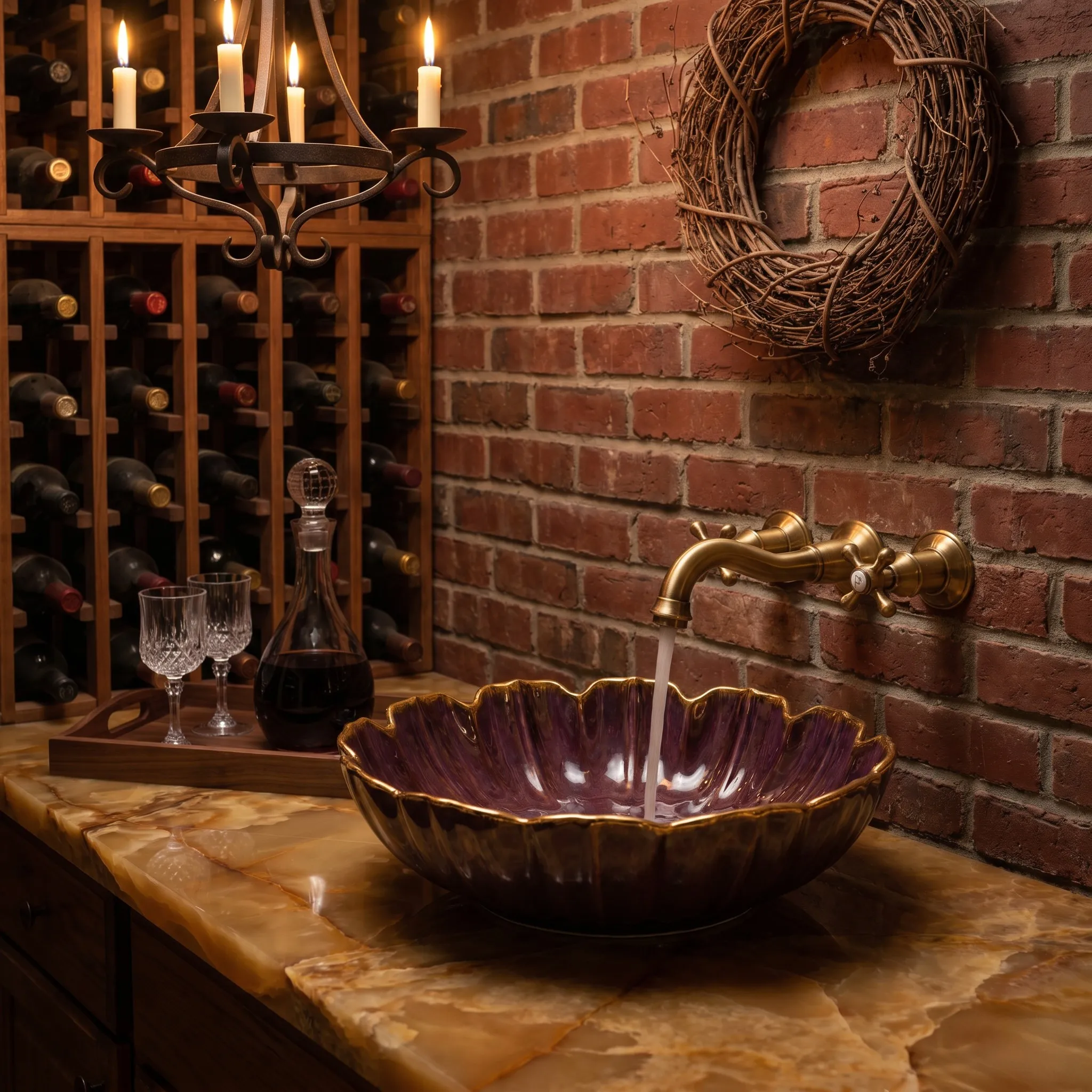 R*# Luxury High-End Modern Flower-Shaped Diamond Pattern Purple Ceramic Eco-Friendly Art Basin for Bathroom Hotel & Hospital Use