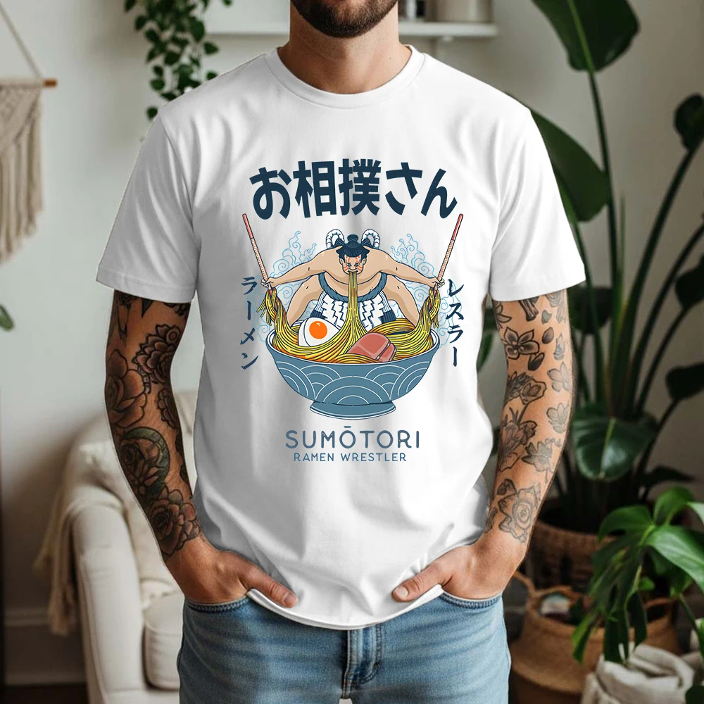 2026 Summer Mens Sumotori Ramen Wrestler Graphic Oversize Tee 100% Cotton Japanese Food Short Sleeve