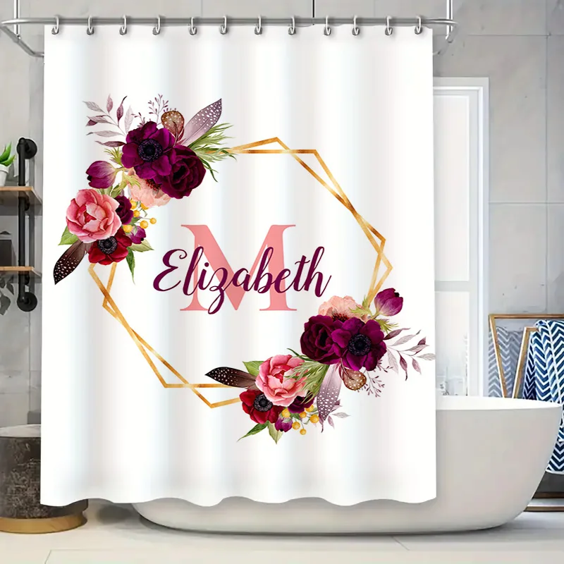 Custom Monogram Shower Curtain Personalized Name Letter Decorative Wedding Gift for Bride's Bathroom Flower Design with Gold Out