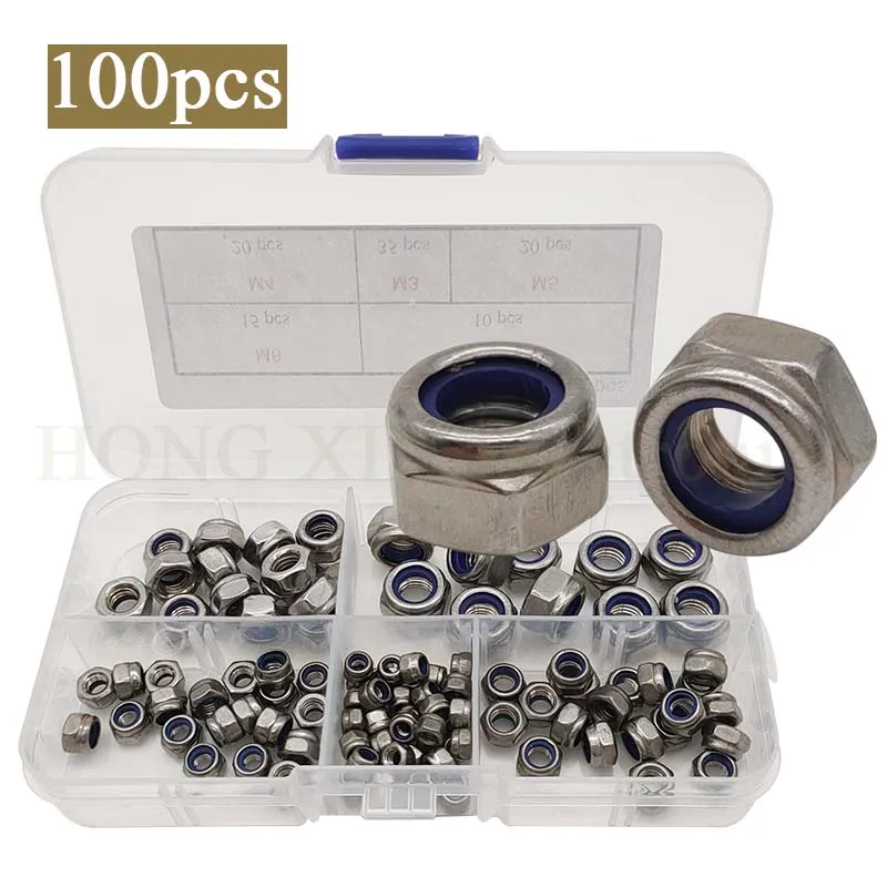 

100pcs/Set M3 M4 M5 M6 M8 304 Stainless Steel Metric Lock Nut Assortment Kit for Lock Washers, Nylon Insert Locknut