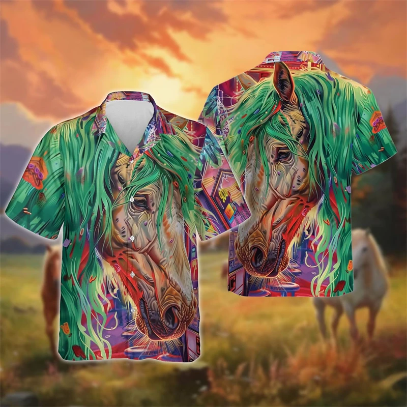 Disegni da uomo abbigliamento camicia da cavallo per bovini stampata in 3D oversize 2024 viaggi Hawaii Beach Hawaiian Harajuku animali da fattoria top maschili