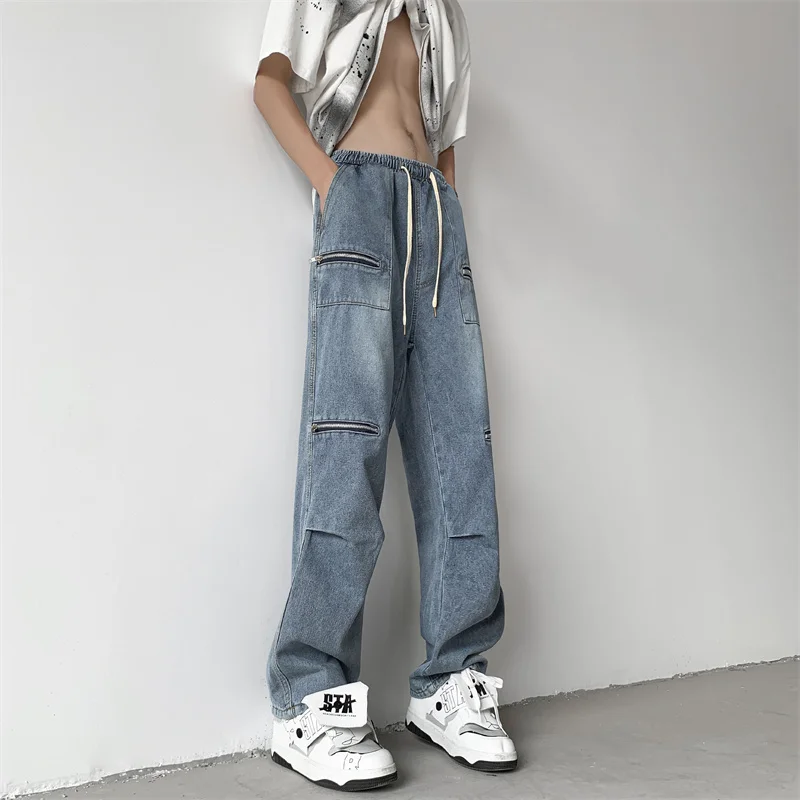 

American Retro Workwear Jeans Men's High Street Design Sensation Function Japanese Loose Elastic Waist Straight Loose Pants