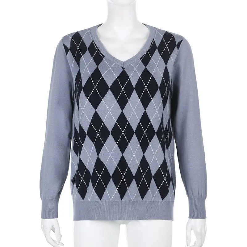 Sweater With Contrasting Color Geometric Rhombus Pattern For European American Loose Slimming And Versatile College Style Top