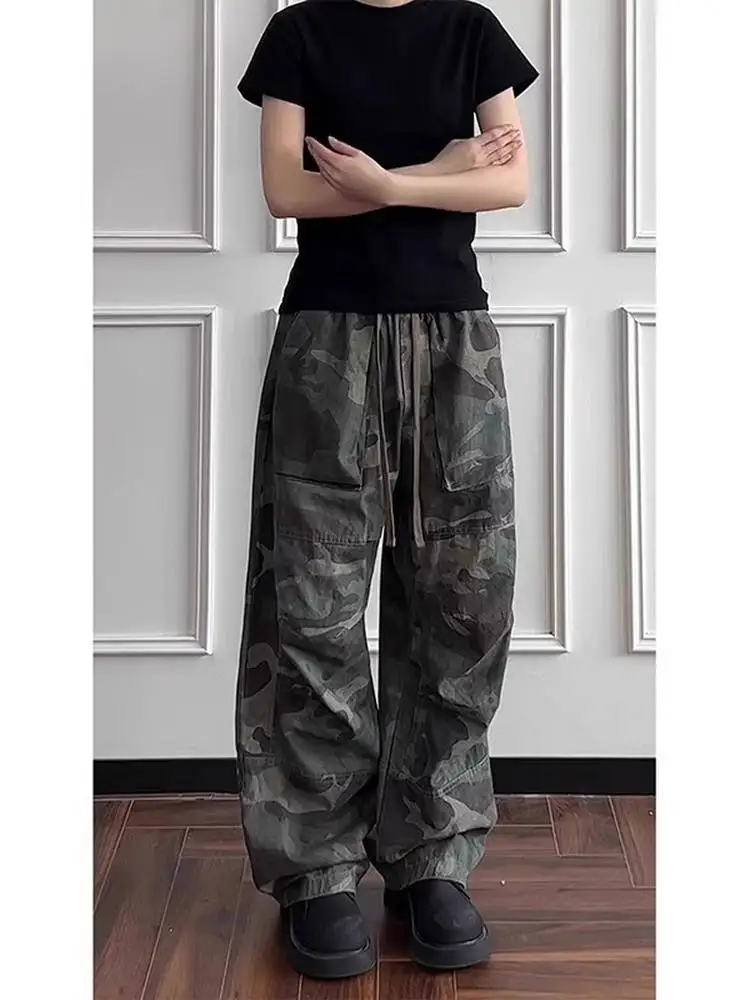 

American Retro Camouflage Work Pants Loose Fit Dstring Design Casual Loose Couples Wide Leg Soldier Pants ex