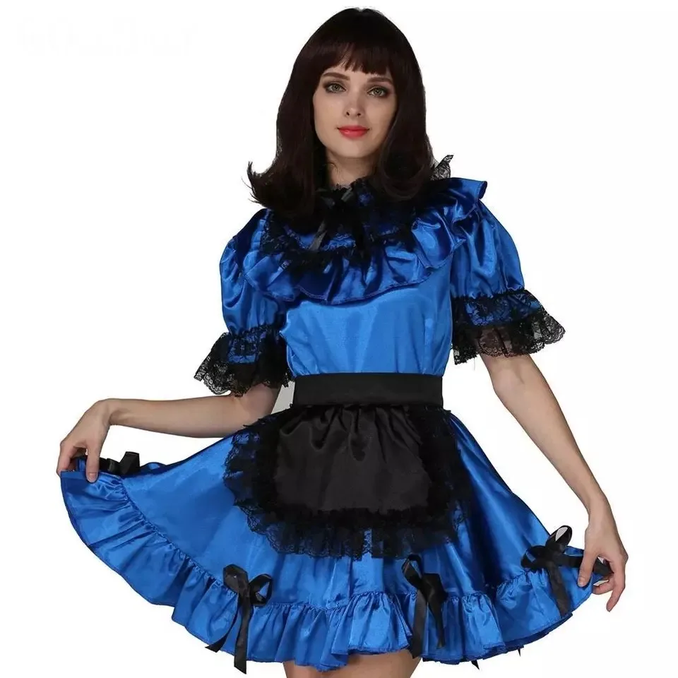 Sexy Sissy Französisches Dienstmädchen, blaue Satin-Spitzenmanschetten, abschließbares Kleid mit Rüschenrand, Dienstmädchen-Cosplay-Kostüm, anpassbar