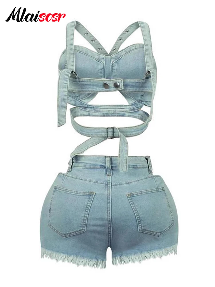 Mlaiscsr 데님 2 피스 세트 여성 청바지 정장 섹시 할로우 붕대 탱크 자르기 탑과 반바지 비치 파티 Y2K Night CLubwear