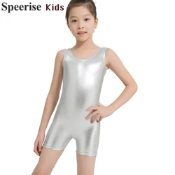 Pantaloncini in spandex metallizzato lucido per bambini Unitard Catsuit Tuta da ginnastica Body da balletto Body da ballo Abbigliamento professionale senza maniche per ragazze